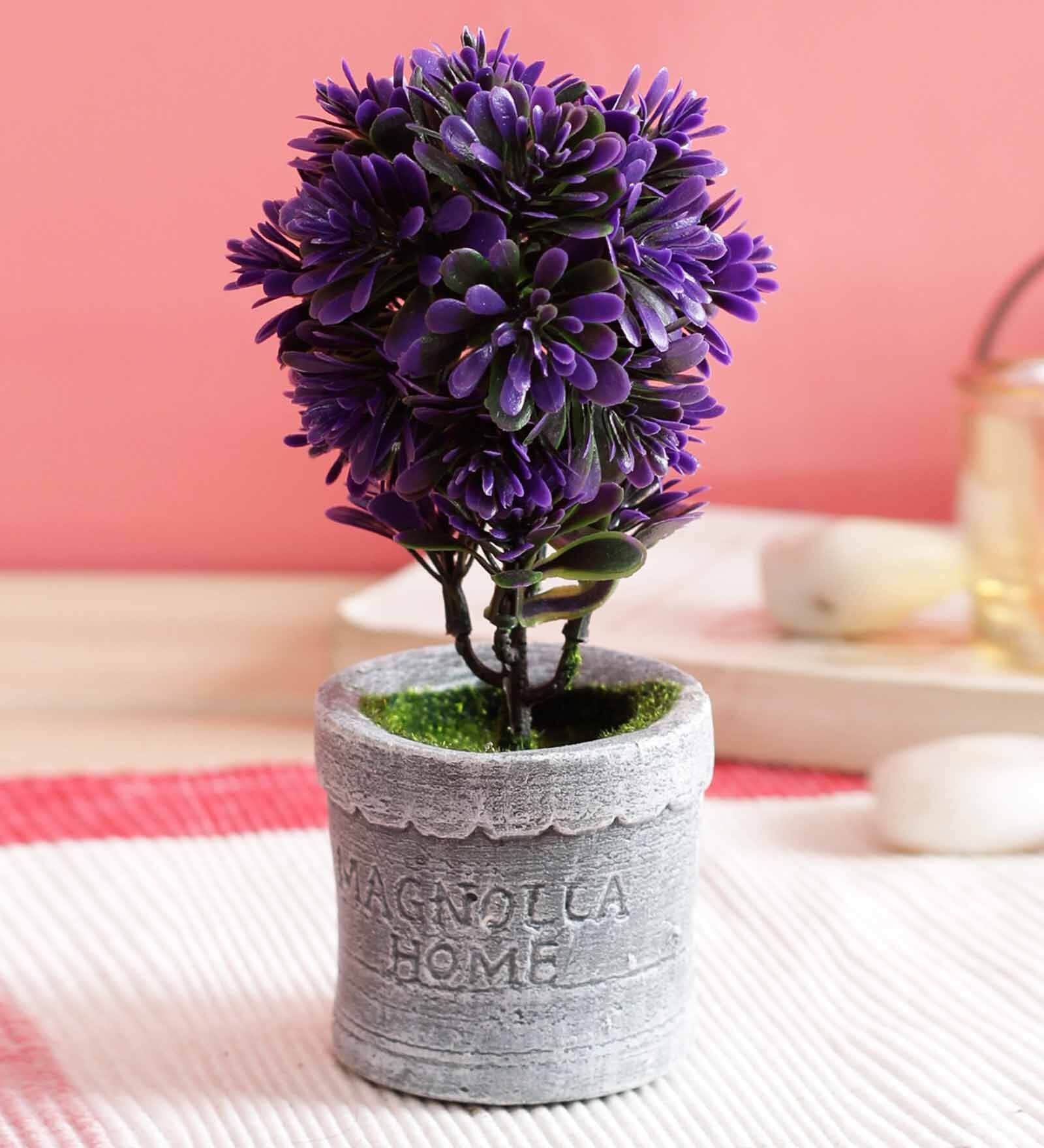 Polyester Purple Bonsai With Grey Resin Pot Artificial Plants