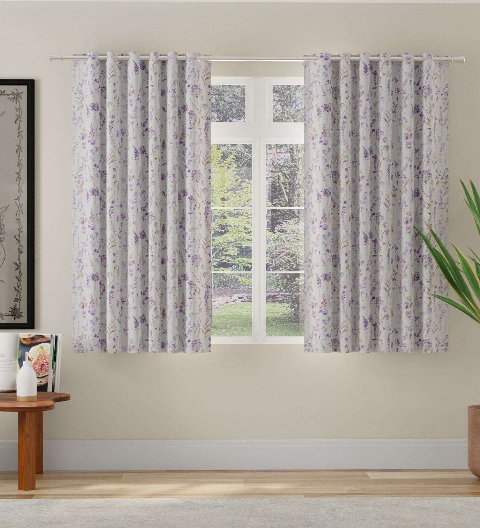 Purple Polyester Floral 5ft Room Darkening Eyelet Window Curtains (2 Pc)