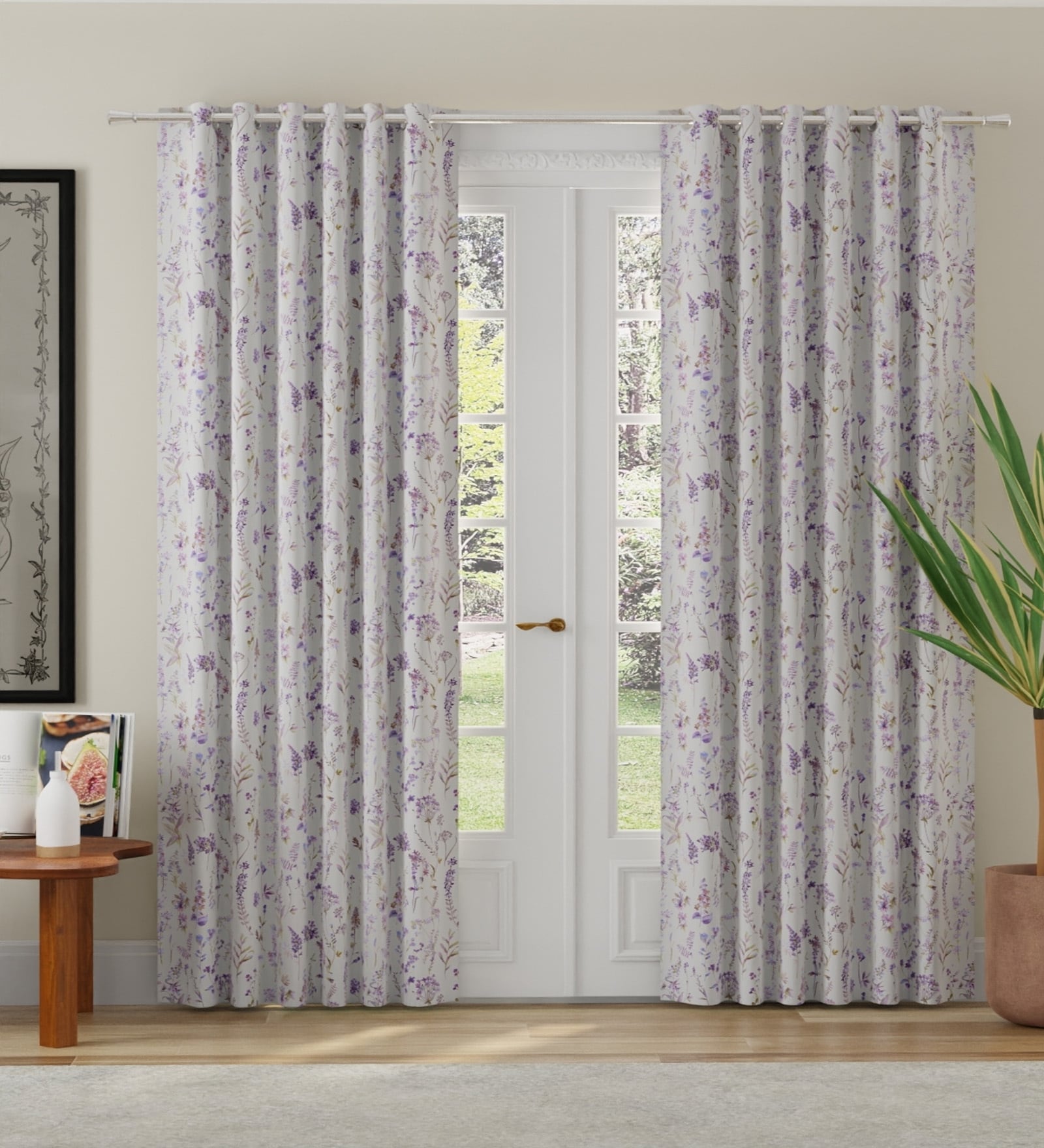 Purple Polyester Floral 9ft Room Darkening Eyelet Long Door Curtains (2 Pc)
