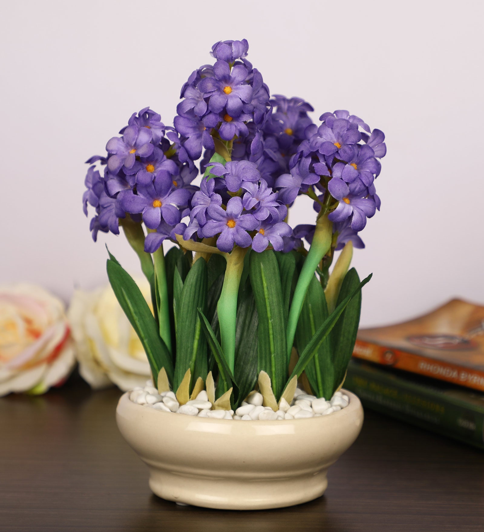 Purple Flower Bunch & White Pebbles Artificial Plant with Ceramic Pot