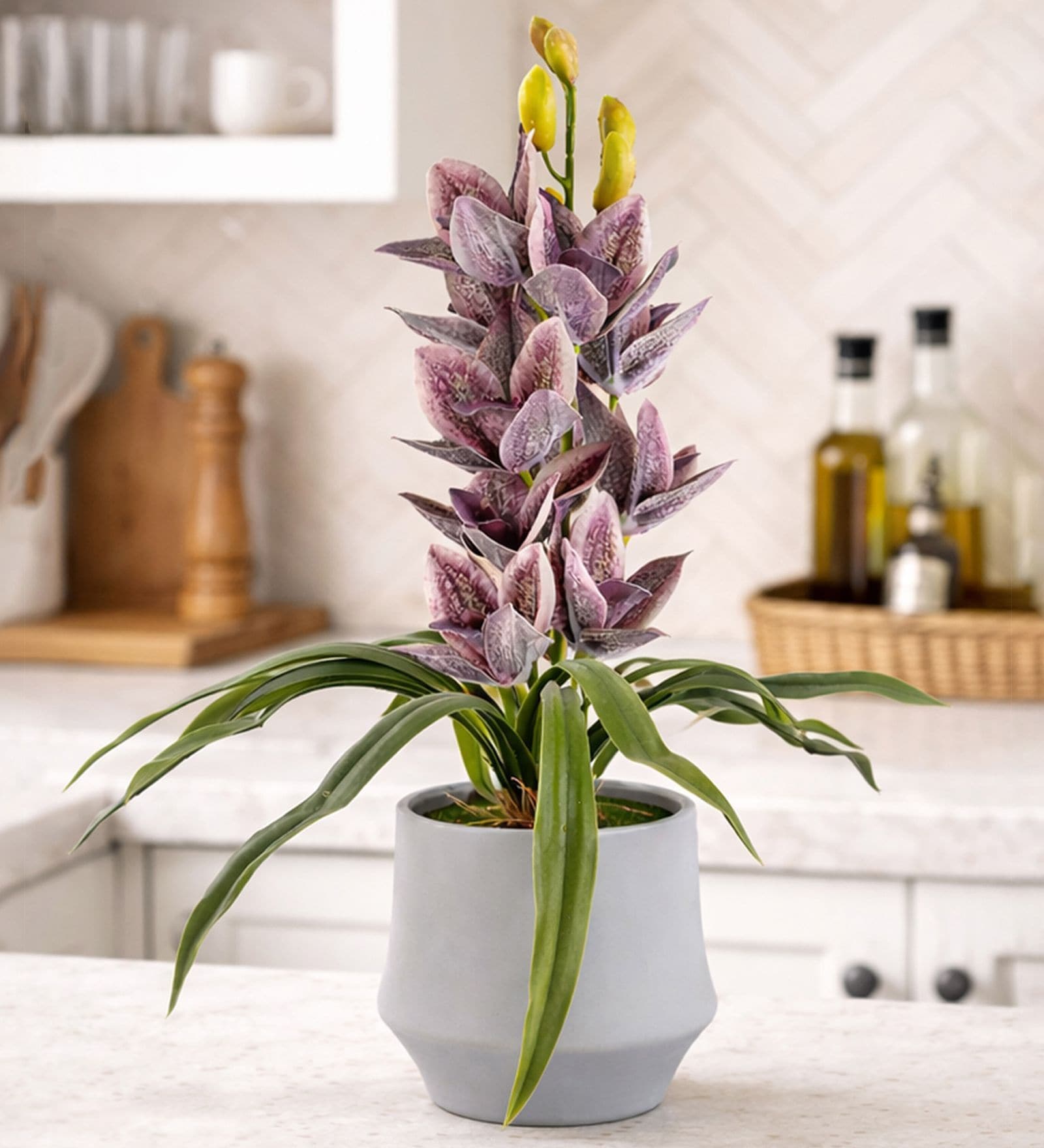 Purple Pu Foam Velvet Orchid Elegance Pot With Flower