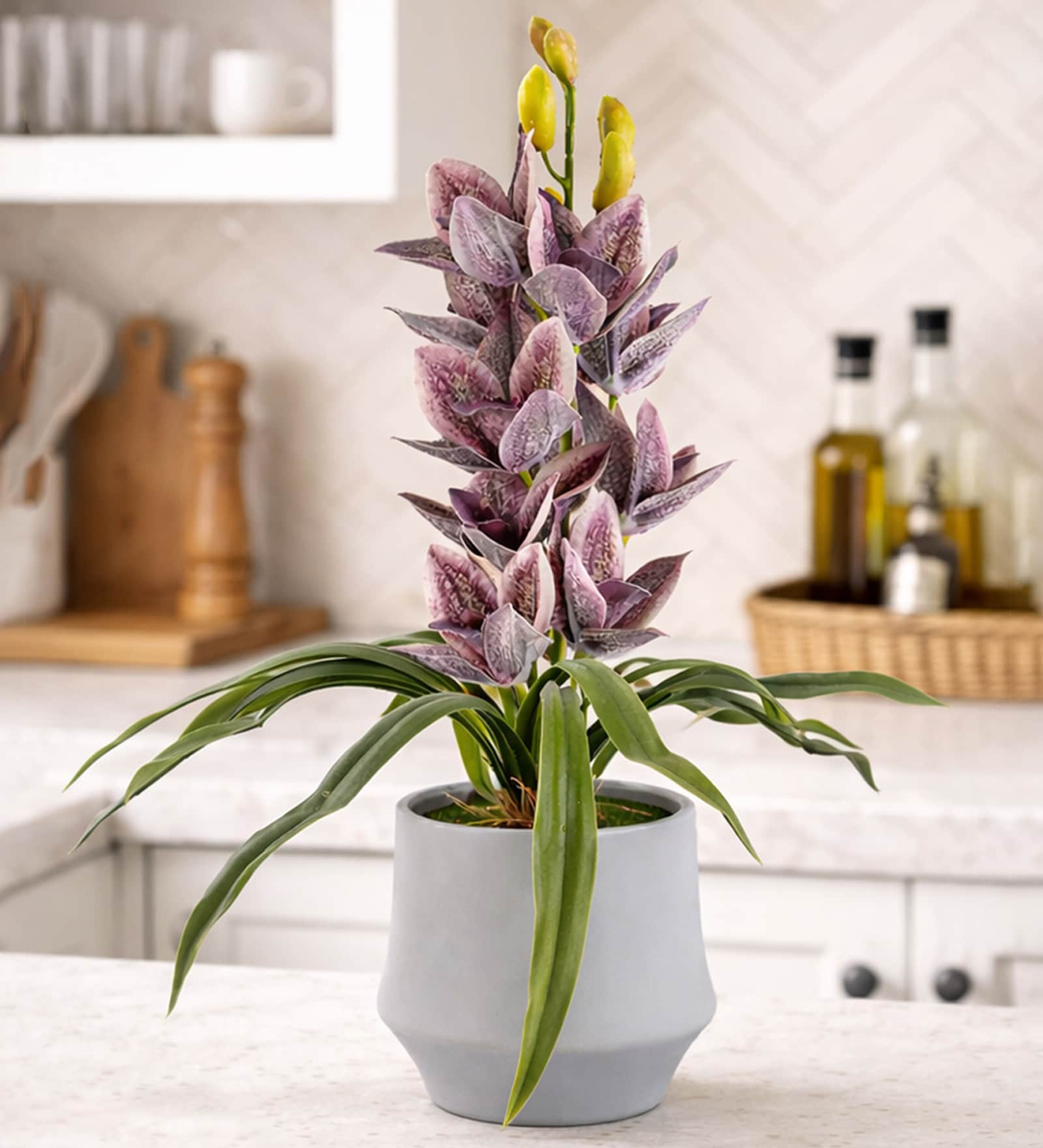 Purple Pu Foam Velvet Orchid Elegance Pot With Flower