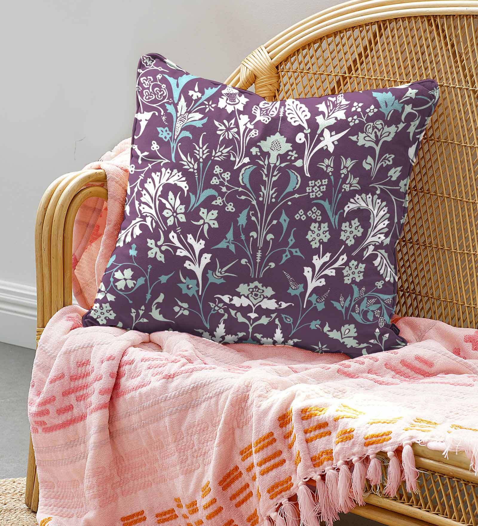 Purple Floral Satin 16 x 16 Inches Cushion Cover