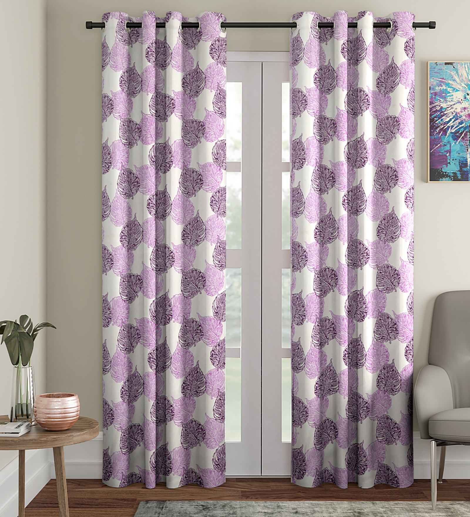 Purple Floral Polyester 9 Ft Semisheer Eyelet Door Curtains (Set of 2)