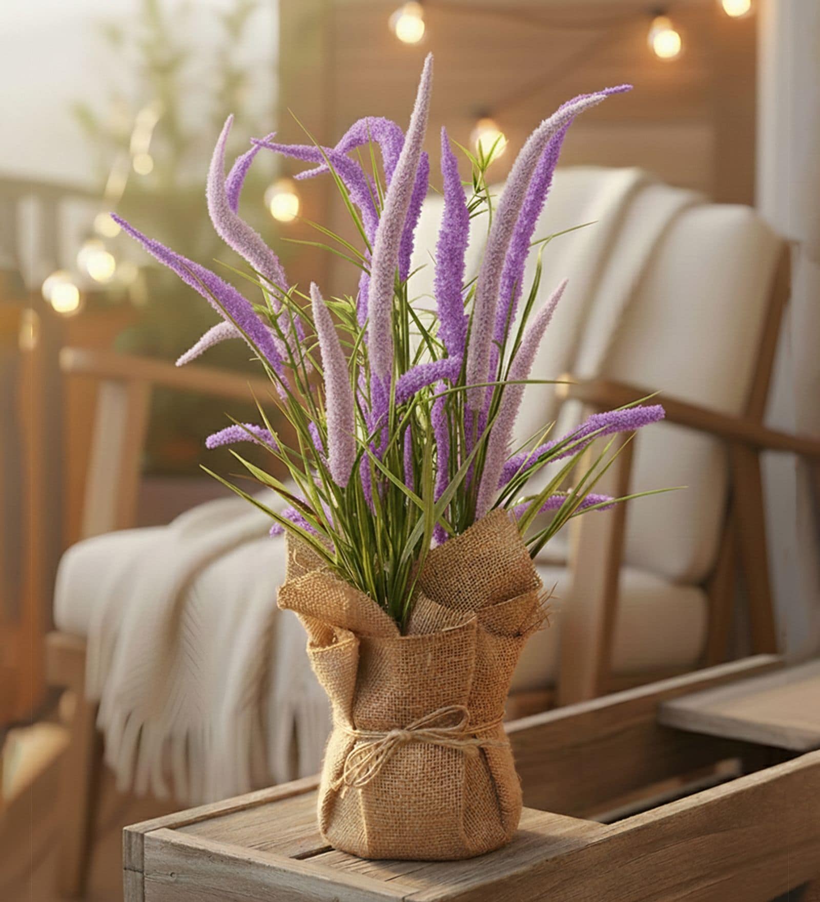 Purple Silk Plastic And Jute Artificial Foxtail Grass Arrangement Flower Bunch With Jute Wrap