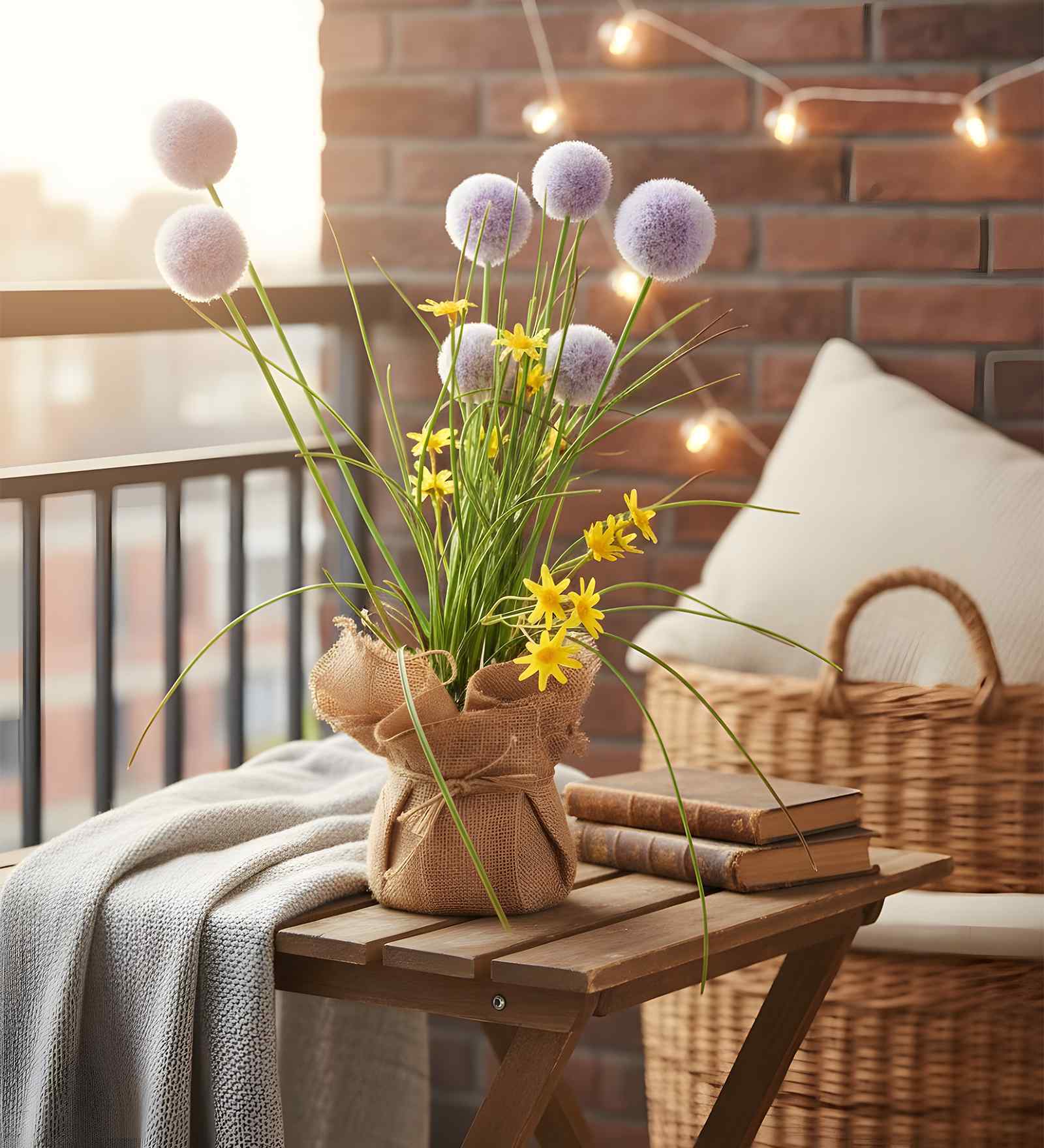 Purple Silk Plastic And Jute Chic Artificial Dandelion Arrangement Flower Bunch With Jute Wrap