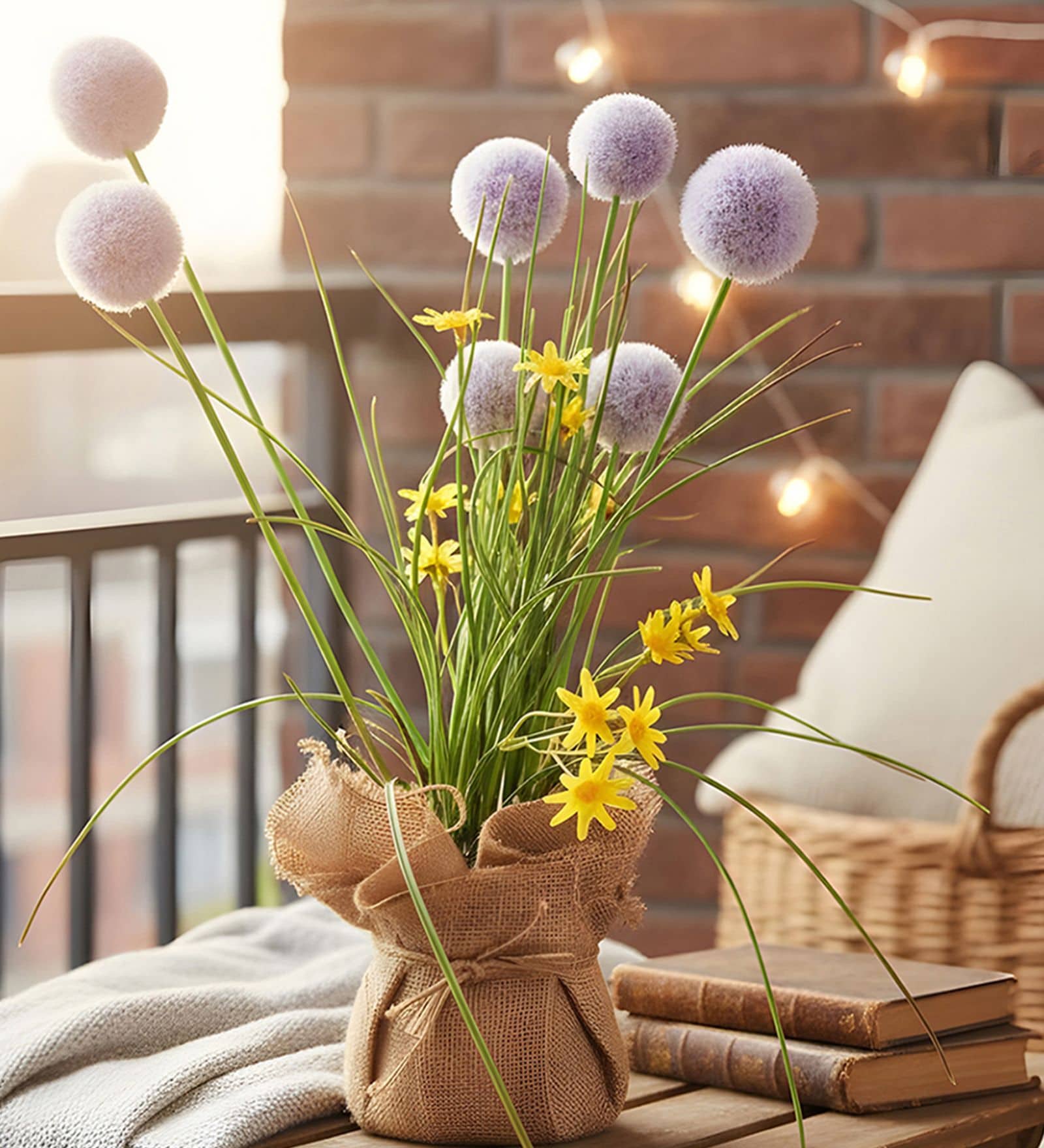 Purple Silk Plastic And Jute Chic Artificial Dandelion Arrangement Flower Bunch With Jute Wrap