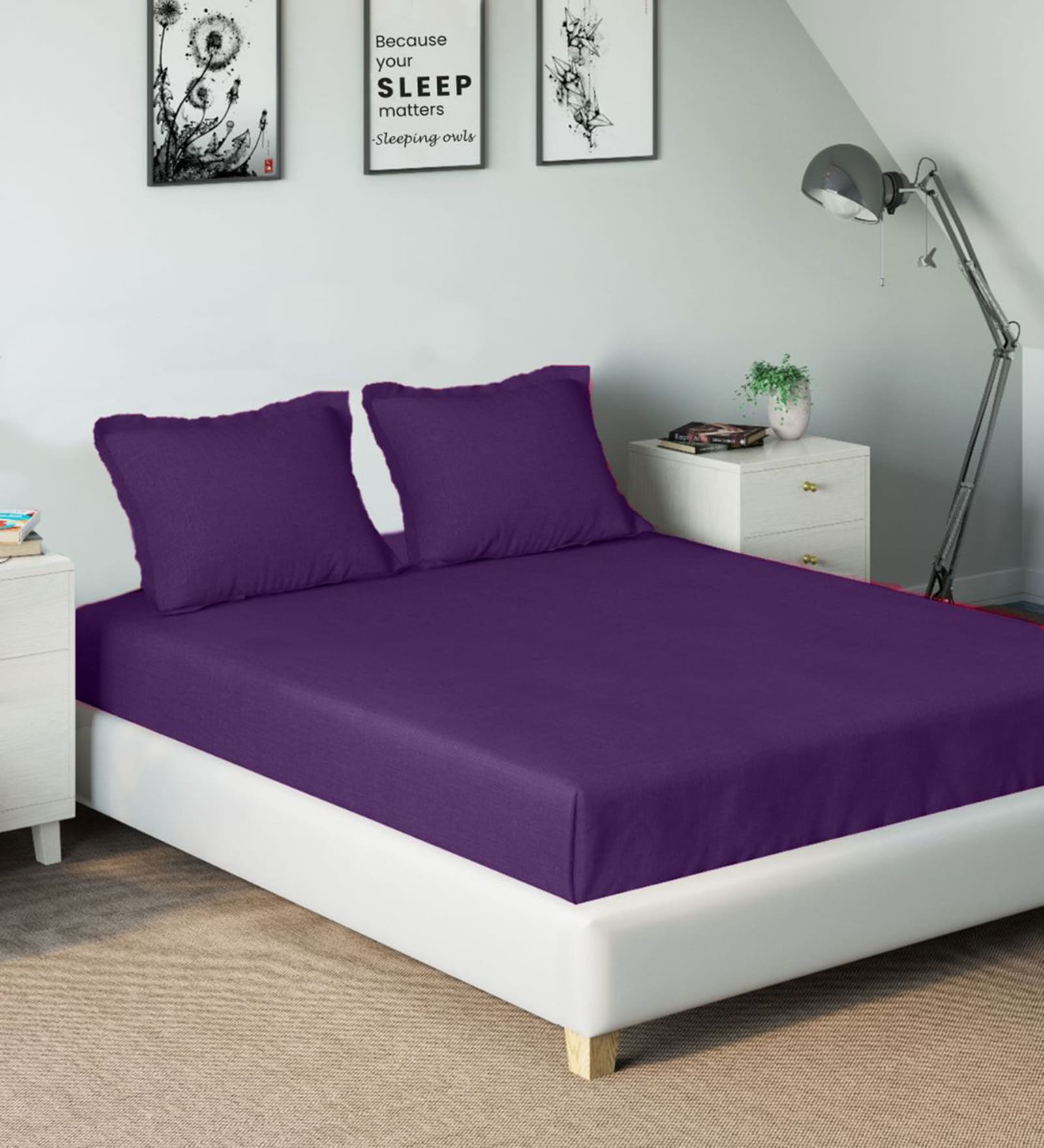 Purple Solid 210 TC Cotton Single Bed Sized Bed Sheets with 2 Pillow Covers