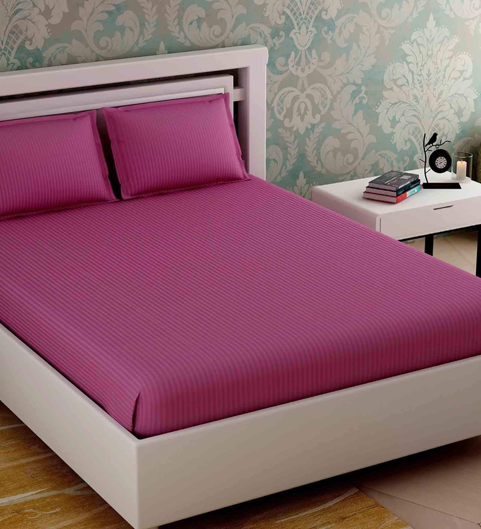 Purple Stripes 280 TC Cotton King Sized Bed Sheets with 2 Pillow Covers