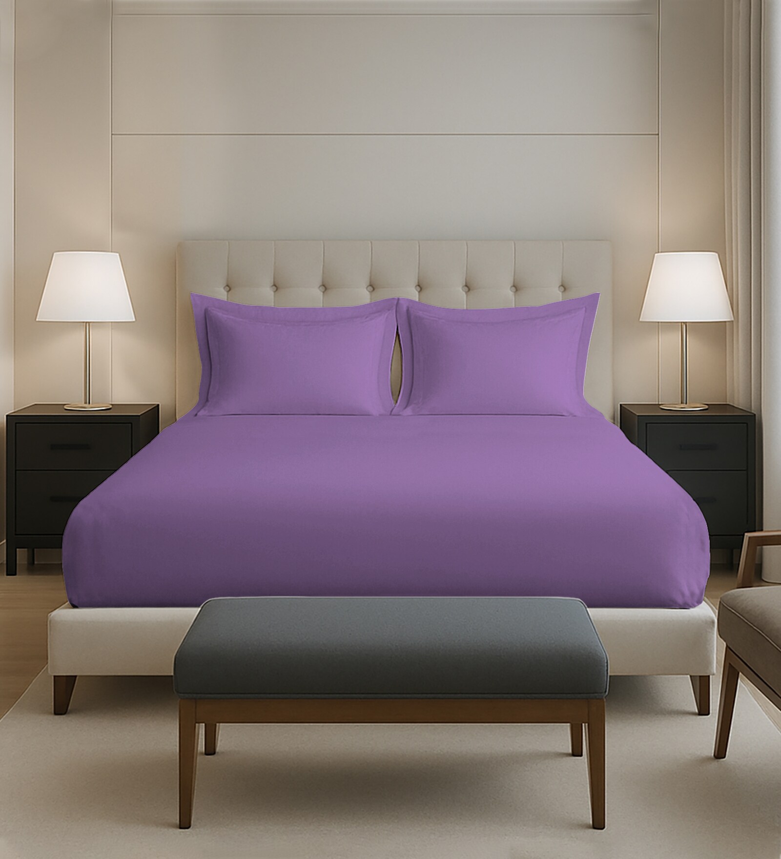 Purple Solid 400 TC Cotton Queen Sized Fitted sheet with 2 Pillow Covers