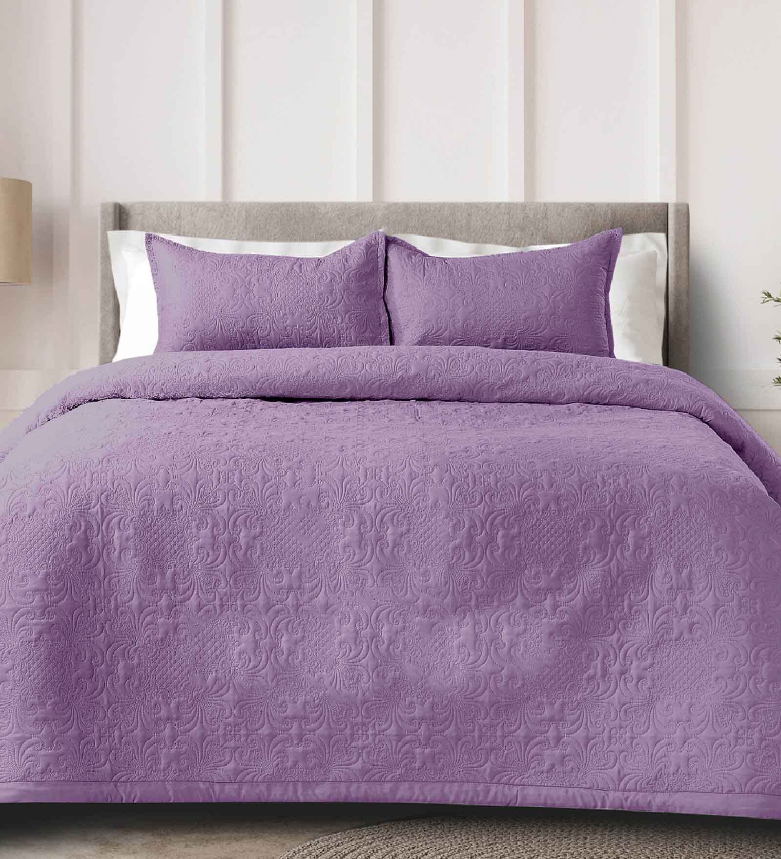 Purple Solid GSM 300 Pure Cotton King Size Bedcover With 2 Pillow Covers
