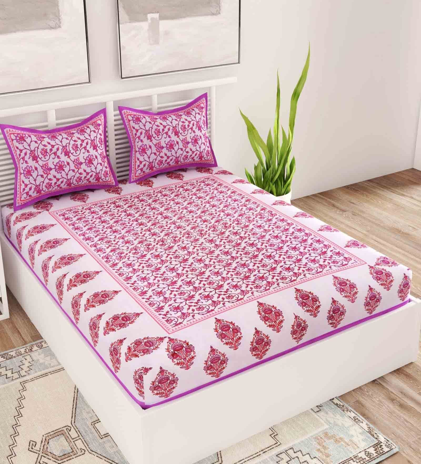 Purple Traditional 120 TC 100% Cotton Queen Bedsheet With 2 Pillow Covers