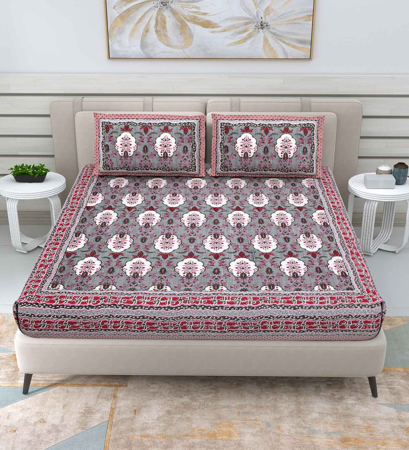 Purple Traditional 144 TC Cotton Double Queen Bedsheet With 2 Pillow Covers