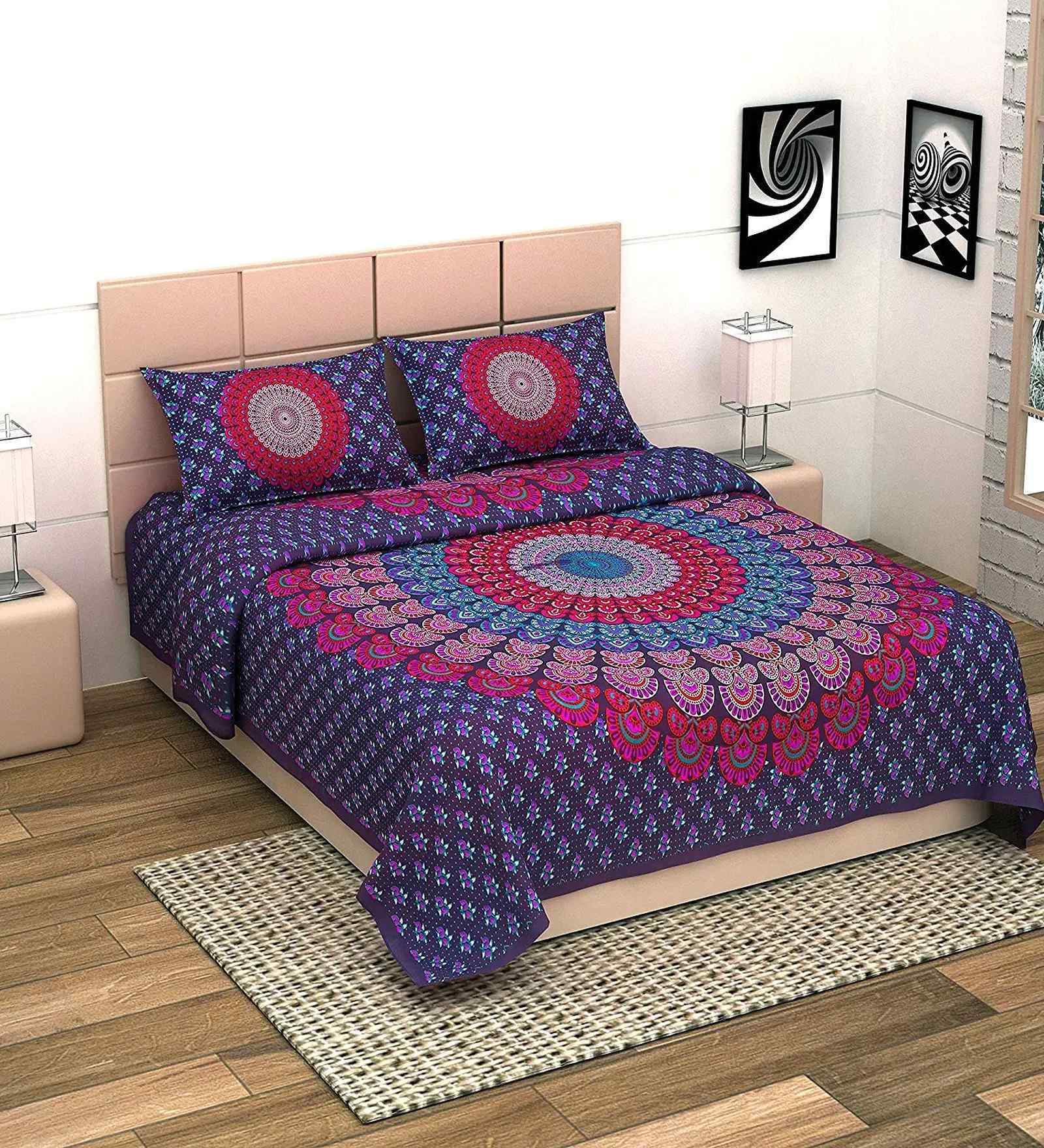 Purple Traditional 180 TC Cotton  King Sized Bedsheet with 2 Pillow Covers