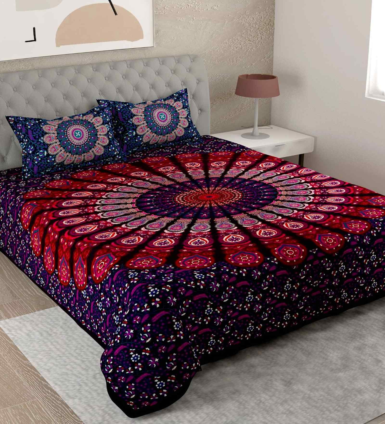 Purple Traditional 180 TC Cotton  King Sized Bedsheet with 2 Pillow Covers