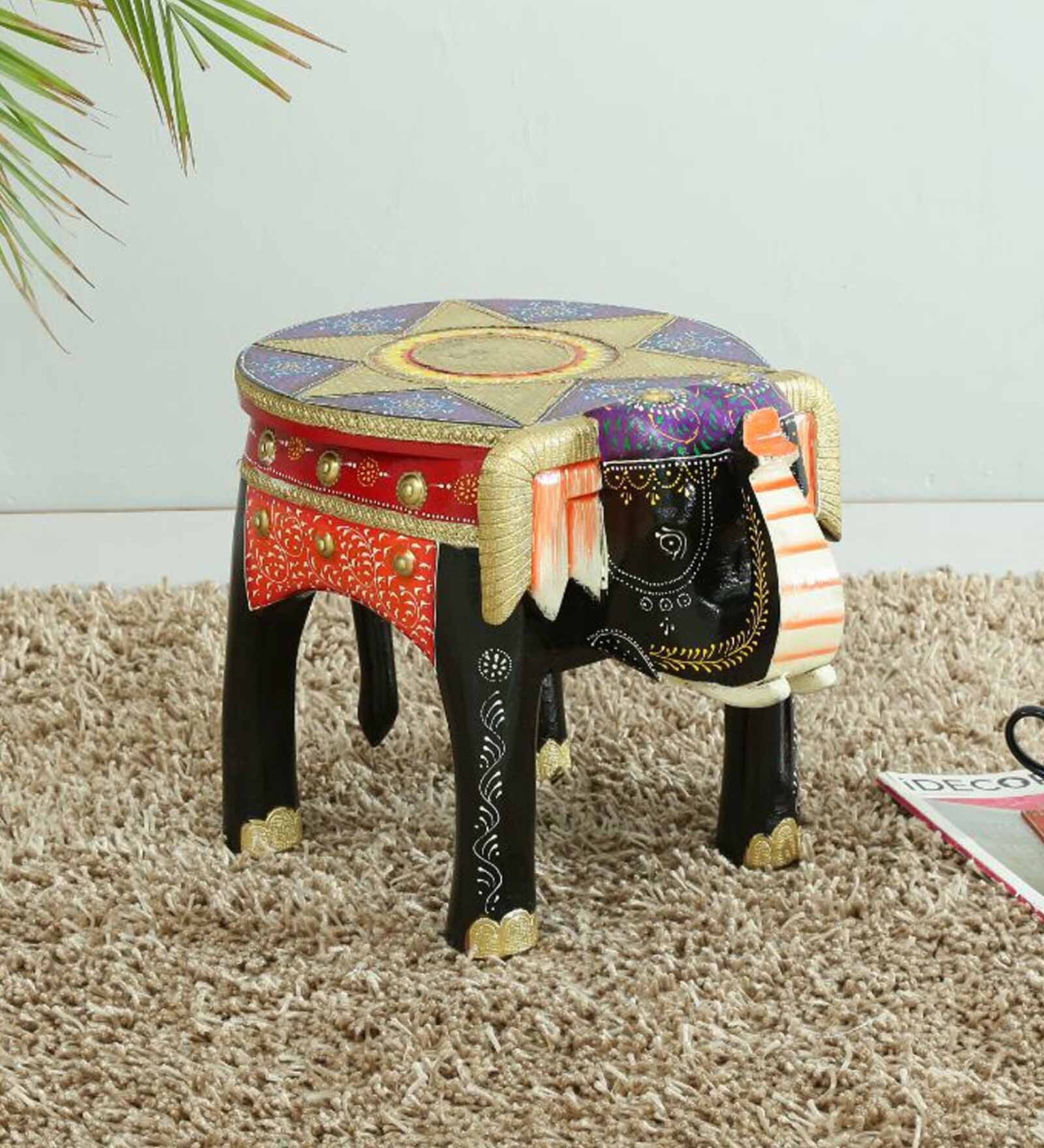 Purple Wood Brass Metal Painting Elephant Stool