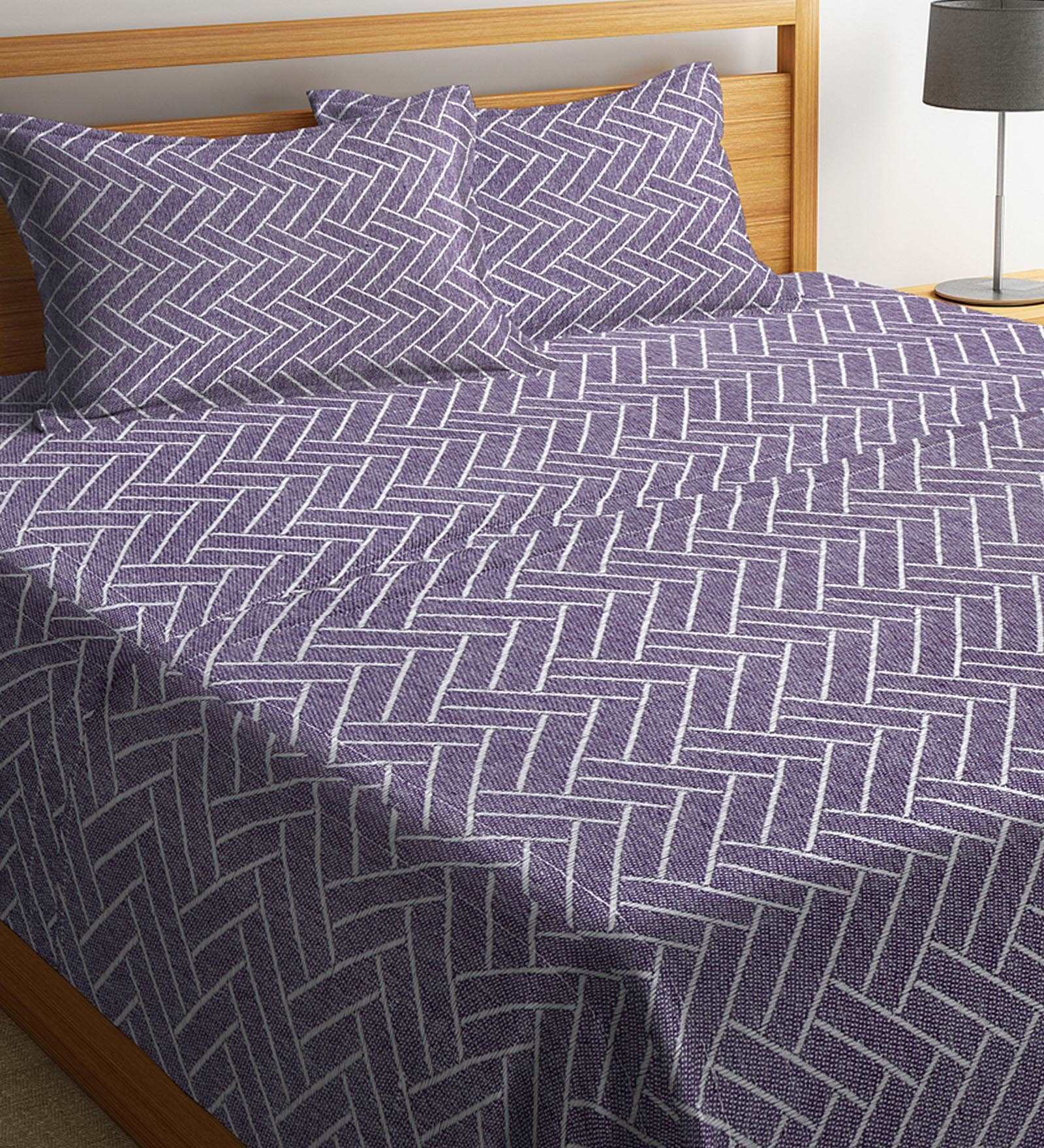 Purple Zig Zag Cotton Double 300 TC Bed Cover With 2 Pillow Covers
