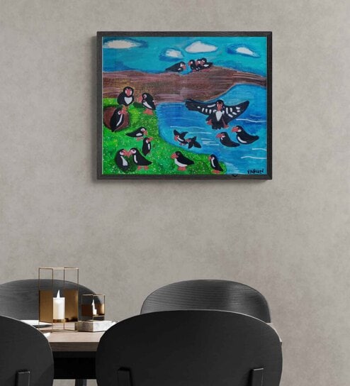 Puffins Flying Handmade Acrylic Paint On Canvas Unframed