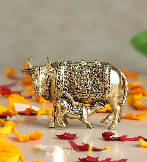 Golden Pure Brass Kamdhenu Cow with Calf Idol