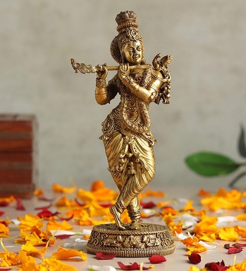 Golden Pure Brass Krishna with Flute Idol