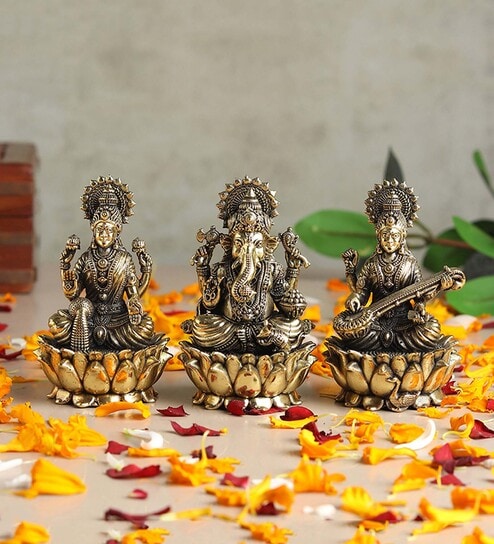 Golden Pure Brass Laxmi Ganesh Saraswati Idols