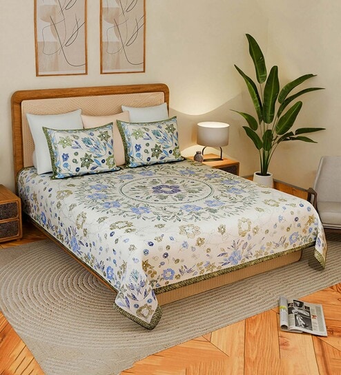 Pure Cotton Double Bedsheet Set with Pillow Covers for King Size Bed-image-3