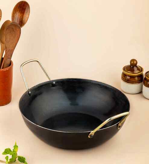 Pure Iron Kadai (Wok) | 10 Inch Heavy Iron Cookware | Even Heat Distribution | Riveted Handles | Gas Stove Compatible