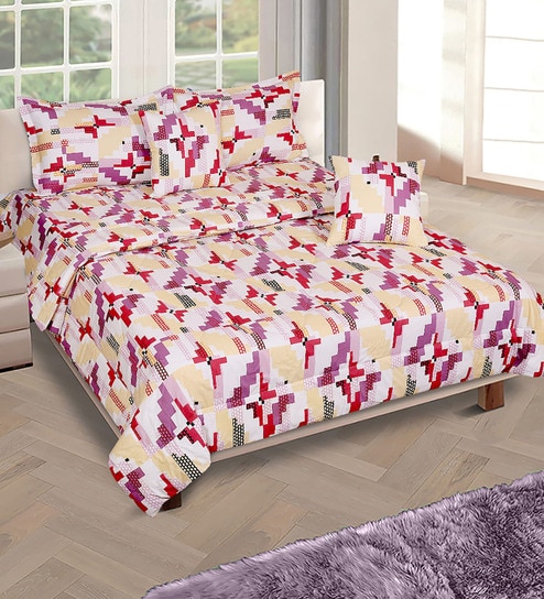 Purple & Beige Geometric 210 TC Cotton 6 Pieces Bedding Set Collection