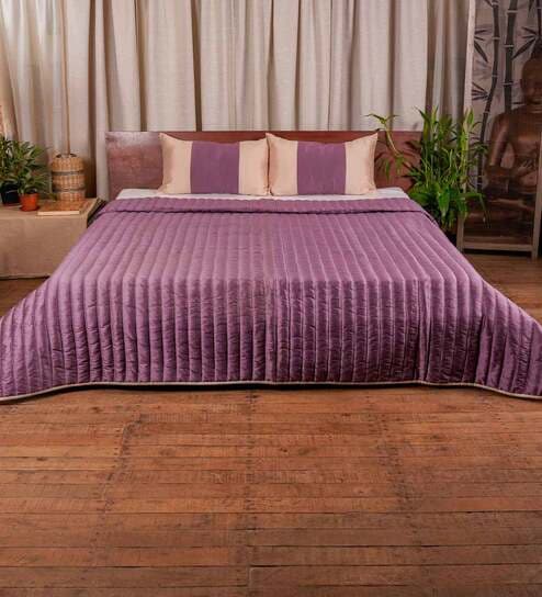 Purple & Cream Polyester 150 GSM AC Room Double Bed Quilt and 2 Pillow Sham by Zeba