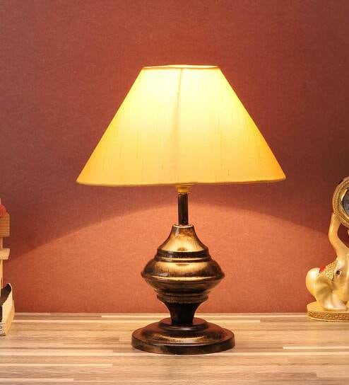 Purple & White Fabric Shade Table Lamp With Copper Base By Foziq
