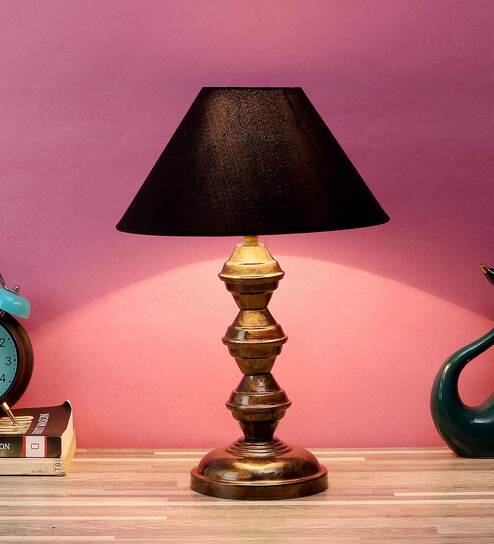 Purple & White Fabric Shade Table Lamp With Copper Base By Foziq