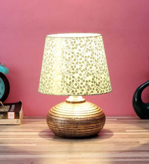 Purple & White Fabric Shade Table Lamp With Golden Base By Foziq