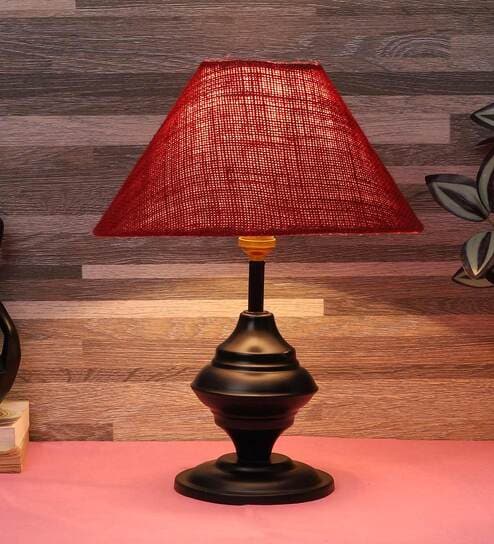 Purple & White Natural Fiber Shade Table Lamp With Black Base By Foziq