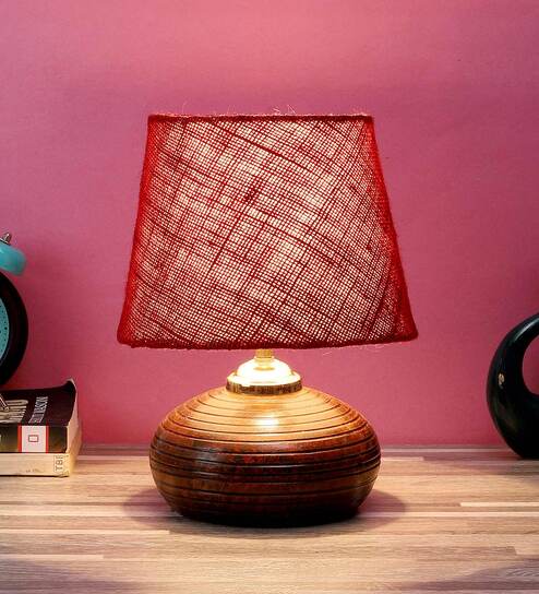 Purple & White Natural Fiber Shade Table Lamp With Brown Base By Foziq