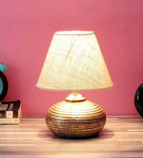 Purple & White Natural Fiber Shade Table Lamp With Golden Base By Foziq