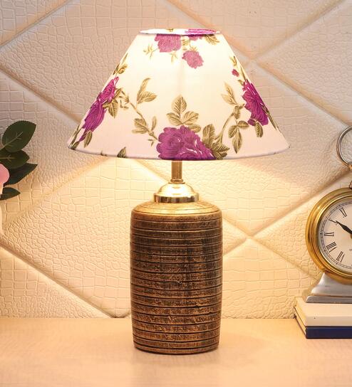 Purple & White Shade Table Lamp With Antique Terracota Base