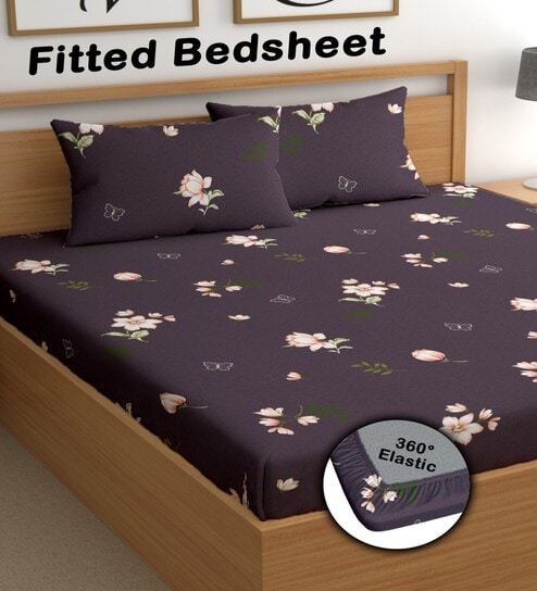 Purple 180 TC Floral Cotton Fitted Double Bedsheet 2 Pillow covers