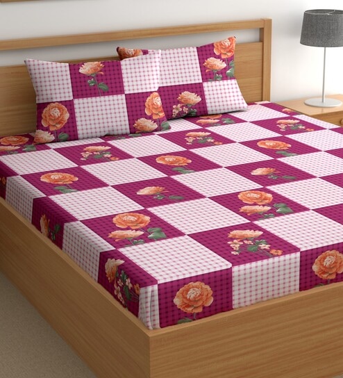 Purple 180 TC Floral Cotton Queen Double Bedsheet 2 Pillow covers