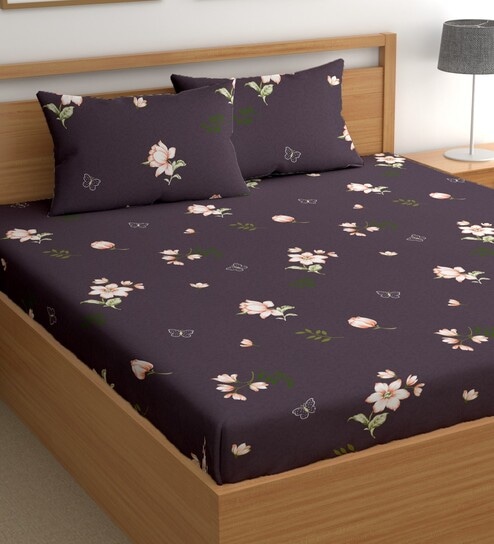 Purple 180 TC Floral Cotton Queen Double Bedsheet 2 Pillow covers