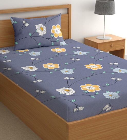 Purple 200 TC Floral Cotton Single Bedsheet Pillow covers