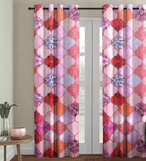 Purple Polyester Velvet Geometric 7FT Light Filtering Eyelet Door Curtains (Pack of 1)