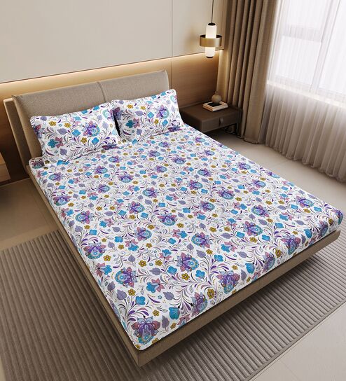 Purple Blue Floral 144 Tc Cotton Double Bedsheet With 2 Pillowcovers