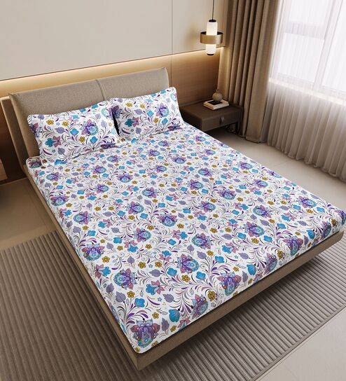 Purple Blue Floral 144 Tc Cotton Elastic Fitted Double Bedsheet With 2 Pillowcovers