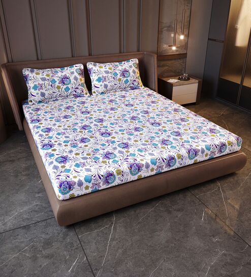 Purple Blue Floral 144 Tc Cotton Elastic Fitted King Bedsheet With 2 Pillowcovers