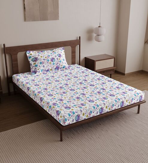 Purple Blue Floral 144 Tc Cotton Elastic Fitted Single Bedsheet With Pillowcover