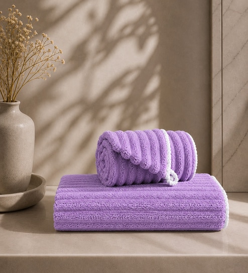 Purple Coral Fleece  Solid 450 Gsm Bath Towel Set Of 3