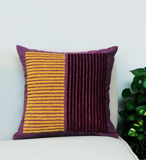 Purple Striped Cotton Blend 16 x 16 Inches Cushion Cover by Zeba