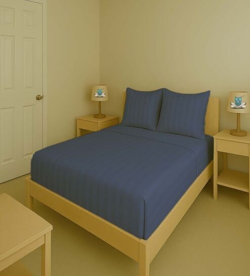 Blue Cotton 300TC 2CM Striped Super King Bedsheet with 2 Pillow Covers