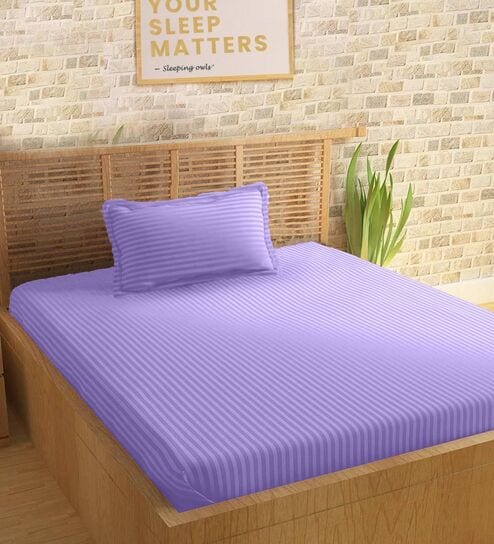 Purple Cotton 210TC Striped Single Bedsheet with 1 Pillow Cover