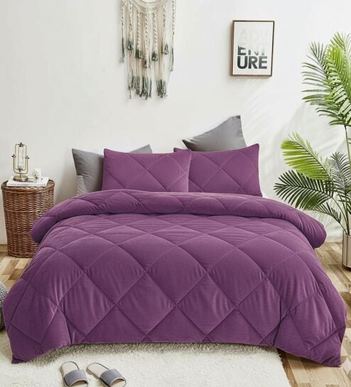 Purple Cotton 210TC Solid Plain Heavy Winter Double 400GSM Bedding Set 1 Comforter 1 Bedsheet 2 Pillow Covers